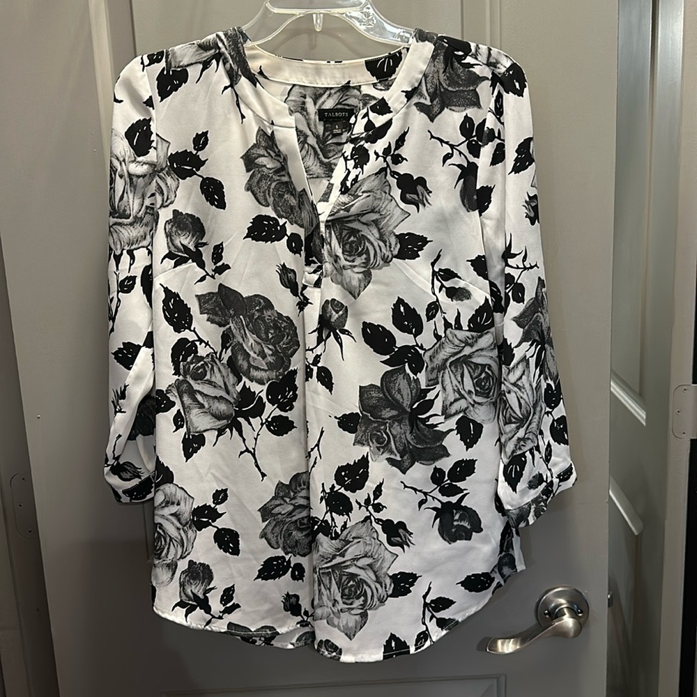 Talbot’s Size S Cream/Black Floral Polyester Top Pre-owned